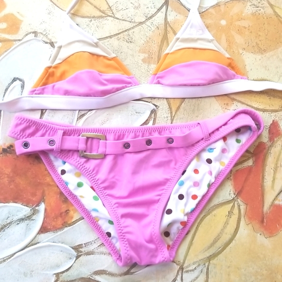 ROXY White Polkadots Lined Belted Boy Shorts Triangle Top Pinks 2 pc Bikini M - Picture 13 of 15